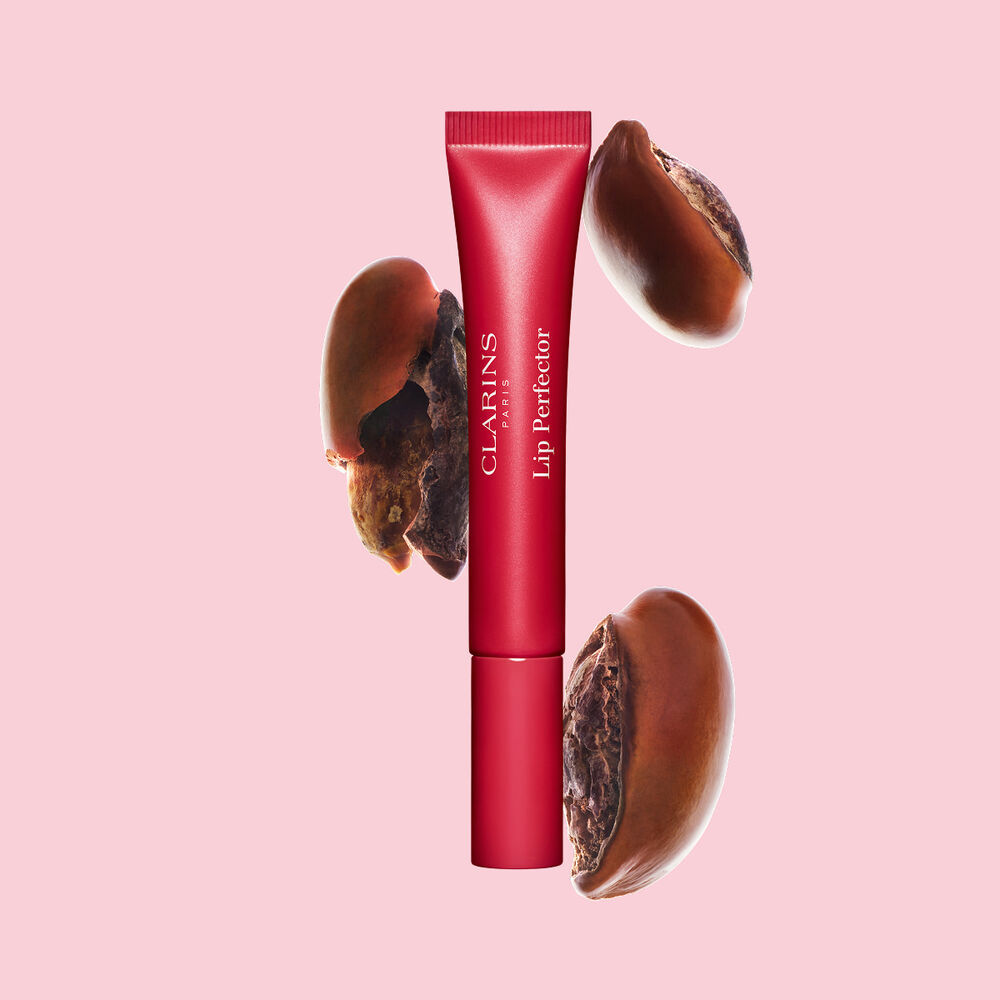 Plumping lip perfector tube shown with raw shea seeds to highlight the intense lip care formula for deep nourishment effect