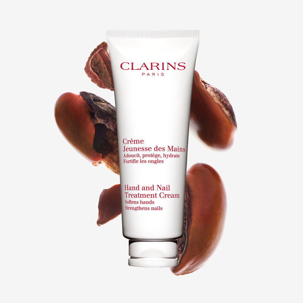 Clarins Hand and Nail Treatment Cream, a nourishing hand cream with shea butter to protect your hands and strengthen nails.
