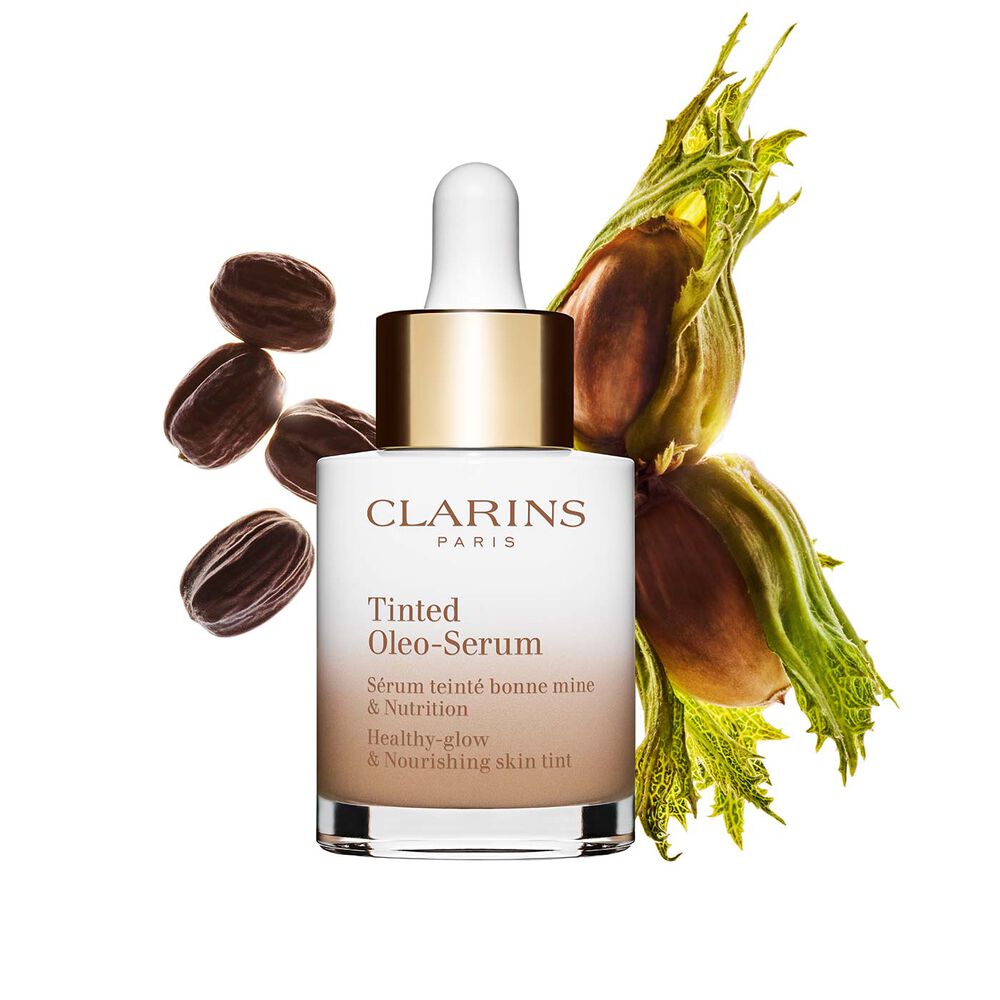 Tinted Oleo Serum packshot with jojoba and hazelnut ingredients