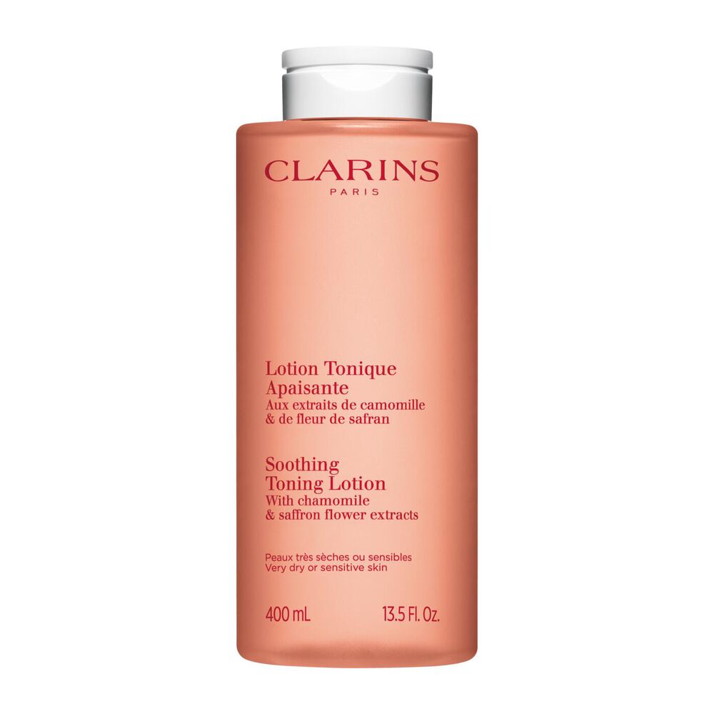 Packshot of the Clarins Soothing Toning Lotion orange bottle, preserving skin balance with natural chamomile and saffron extract