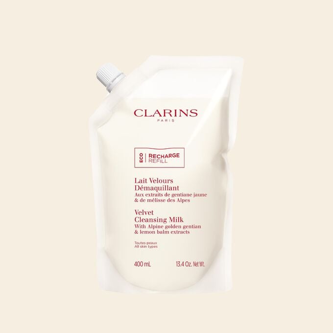 Clarins Velvet Cleansing Milk eco-refill, offering a refillable cleanser alternative for a sustainable and effective skincare routine.
