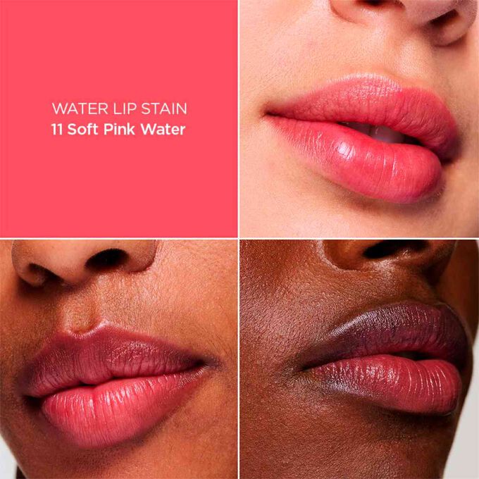 Close-up of a woman’s lips, showcasing the hydration, colour and matte results after applying Pink Water Lips stain shade 11.