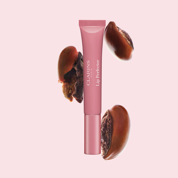 Plumping lip perfector tube shown with raw shea seeds to highlight the intense lip care formula for deep nourishment effect