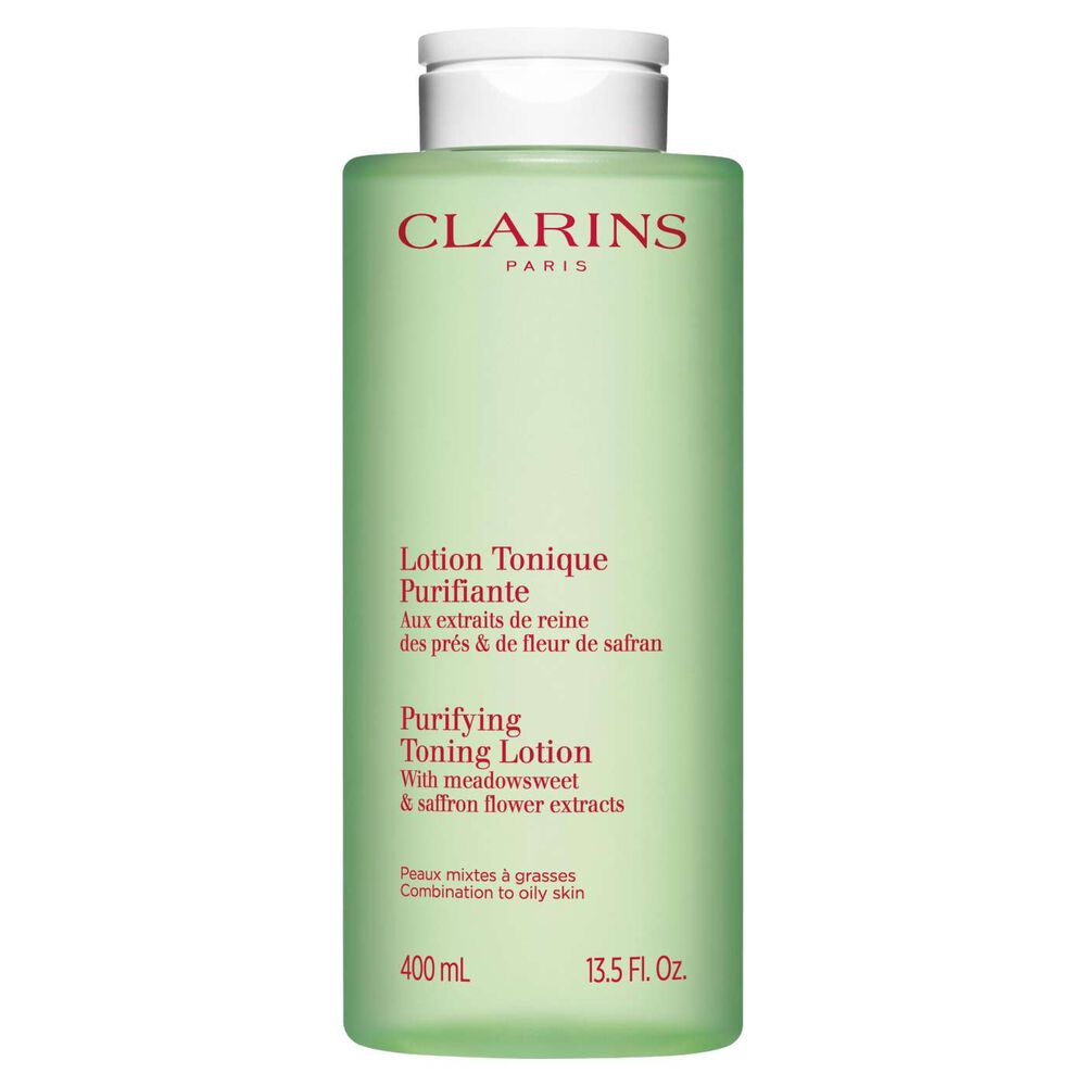 Packshot of the Clarins purifying toning lotion green bottle, with rebalancing action on a white background