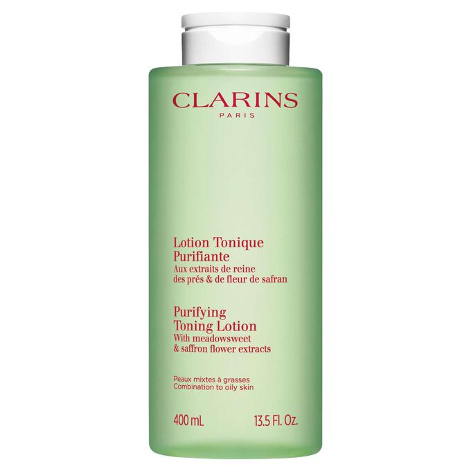 Packshot of the Clarins purifying toning lotion green bottle, with rebalancing action on a white background