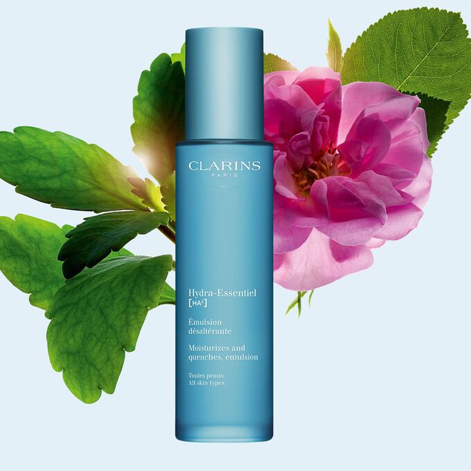 Clarins Hydra-Essentiel Emulsion with organic leaf of life extract to visibly plump and hydrate your skin every single day.