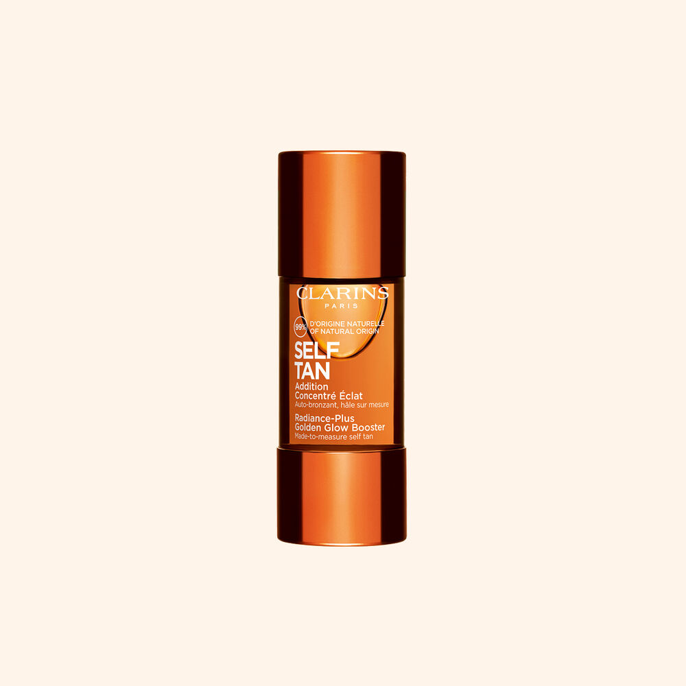 Packshot of Radiance-Plus Golden Glow Booster for Face by Clarins a concentrate to mix with face cream near aloe vera.