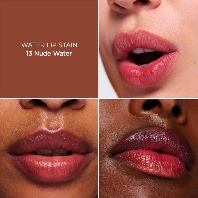 Close-up of a woman&rsquo;s lips, showcasing the hydration, colour and matte results after applying Brown Water Lip Stain in shade 13.