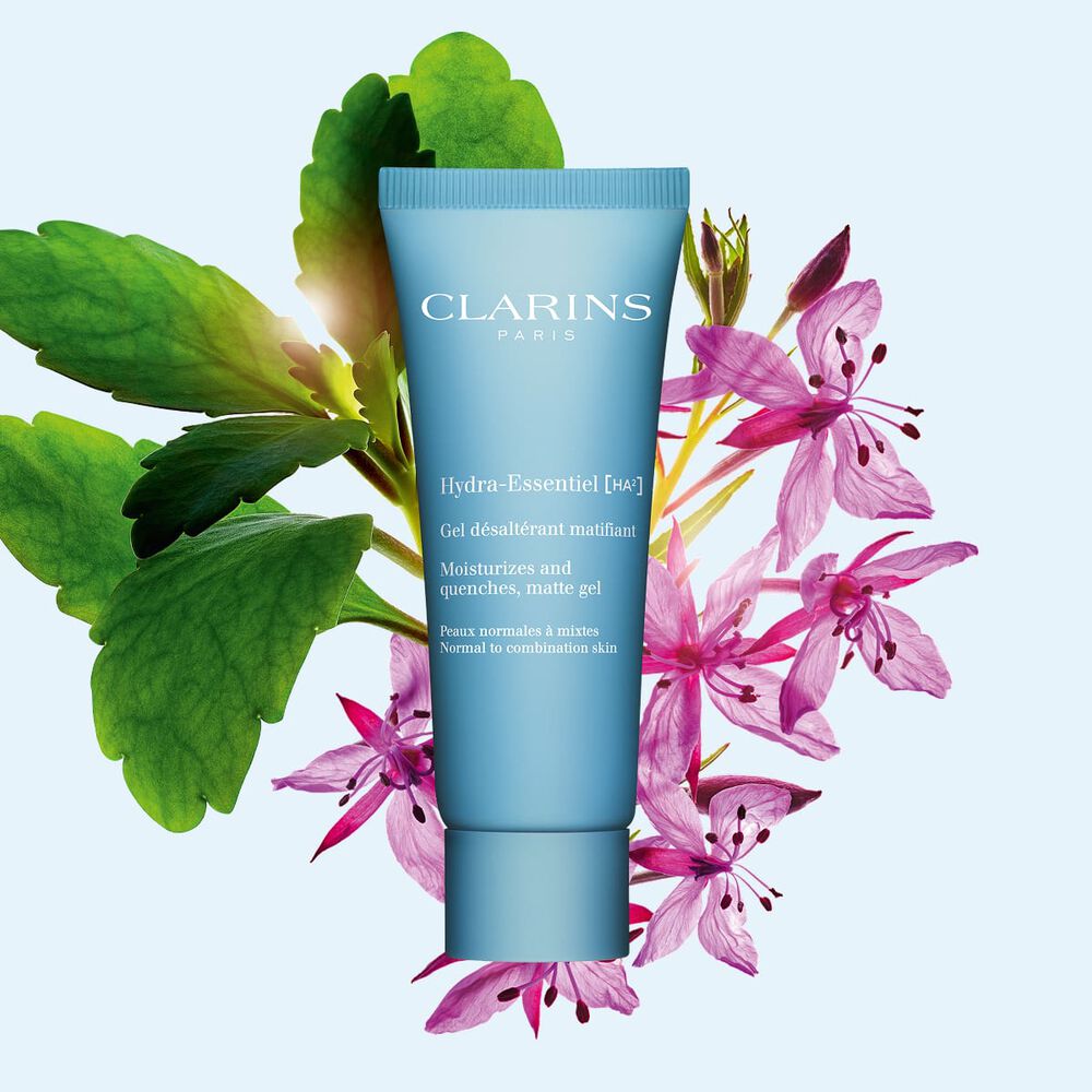 Image shows Clarins Hydra-Essentiel Matte Gel, a daytime face gel enriched with hyaluronic acid that hydrates and mattifies.