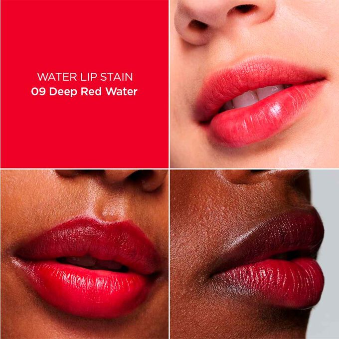 Close-up of a woman&rsquo;s lips, showcasing the hydration, colour and matte results after applying dark Red Water Lip Stain in shade 9.