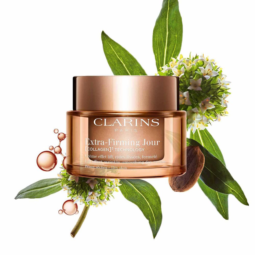 Packshot of Clarins Extra Firming Day Cream for dry skin, alongside mitracarpus plant, pecan seed, and collagen molecule