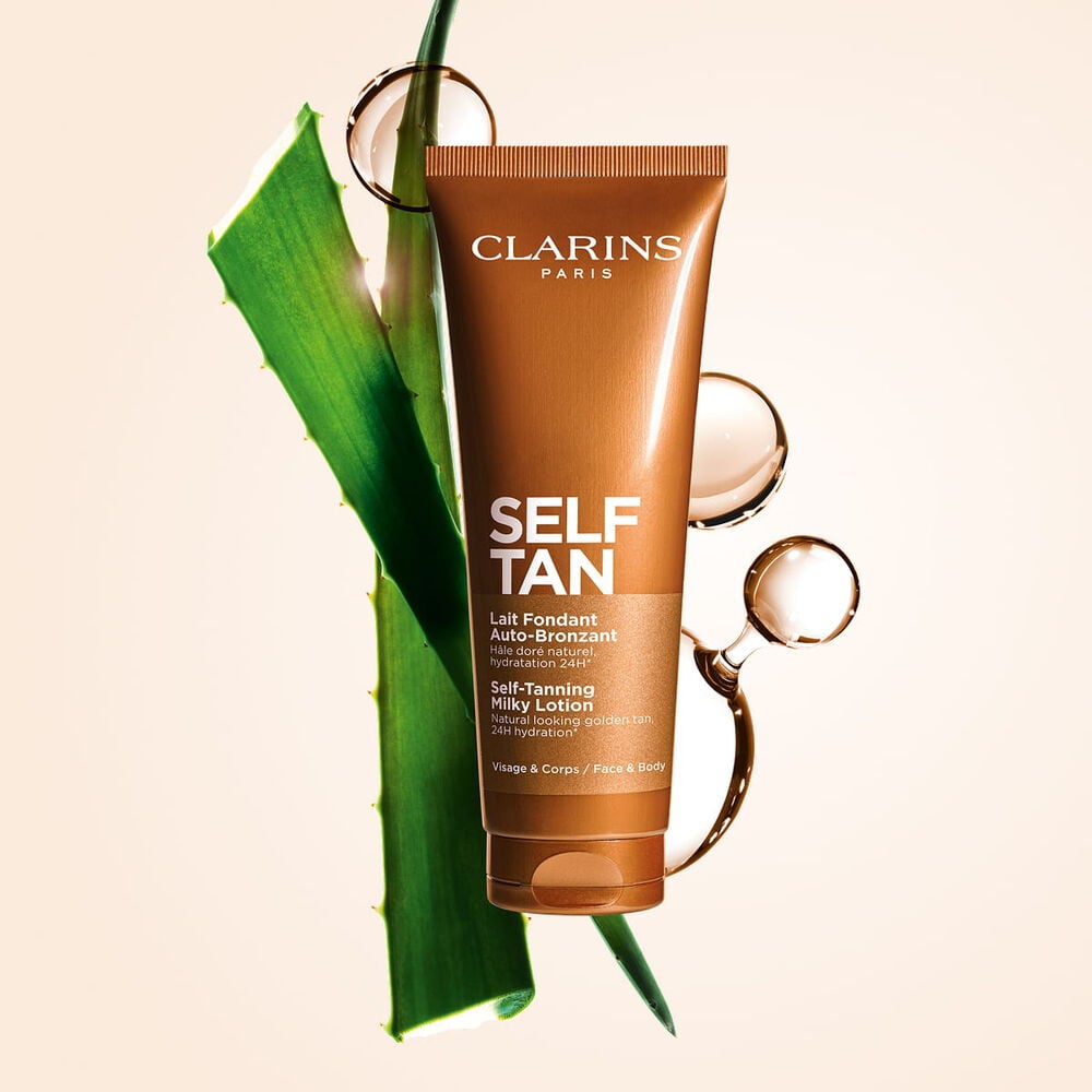 Packshot of Clarins Body Self-Tan Milk with aloe, DHA, and erythrulose molecules highlighting its two key tanning ingredients.