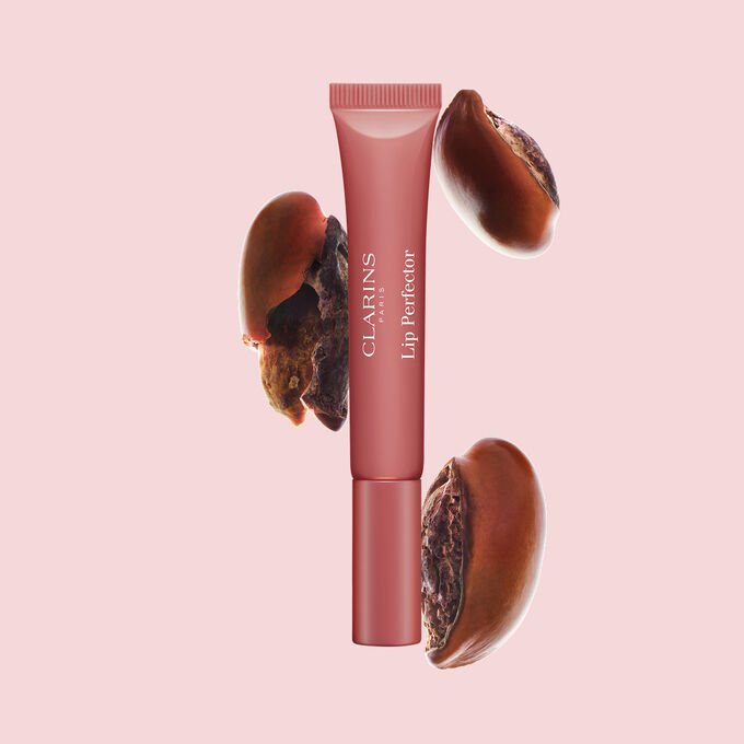 Plumping lip perfector tube shown with raw shea seeds to highlight the intense lip care formula for deep nourishment effect