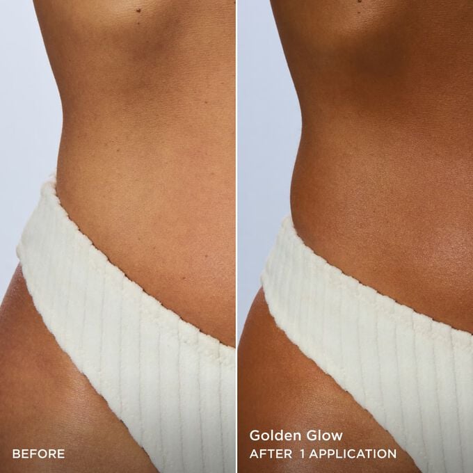 Before and after of a woman&rsquo;s body, showing a natural golden glow after one application of Clarins Body Self-Tan Lotion.