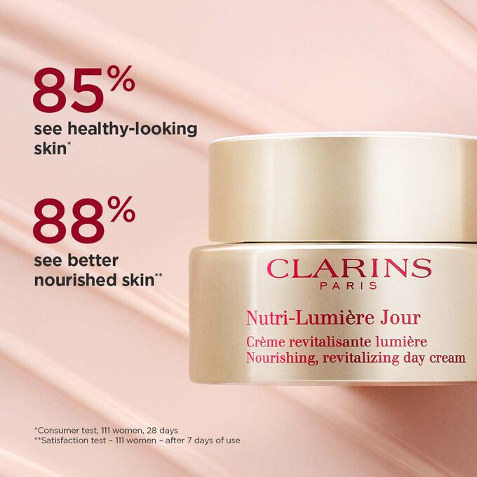Visual with packshot and texture in the background, highlighting nourished, radiant skin from Nutri-Lumière Day use