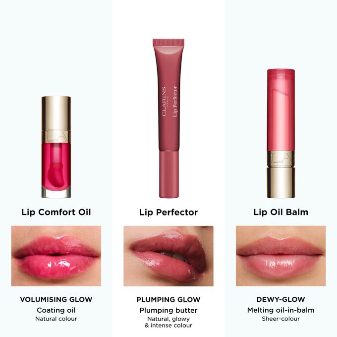 Full Clarins lip care range including lip oil balm and plumping lip perfector for natural, glowy and intense colour finish