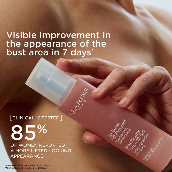 Focus on a woman holding Clarins Firming Bust Gel, illustrating a visibly lifted and firmer bust after regular use.