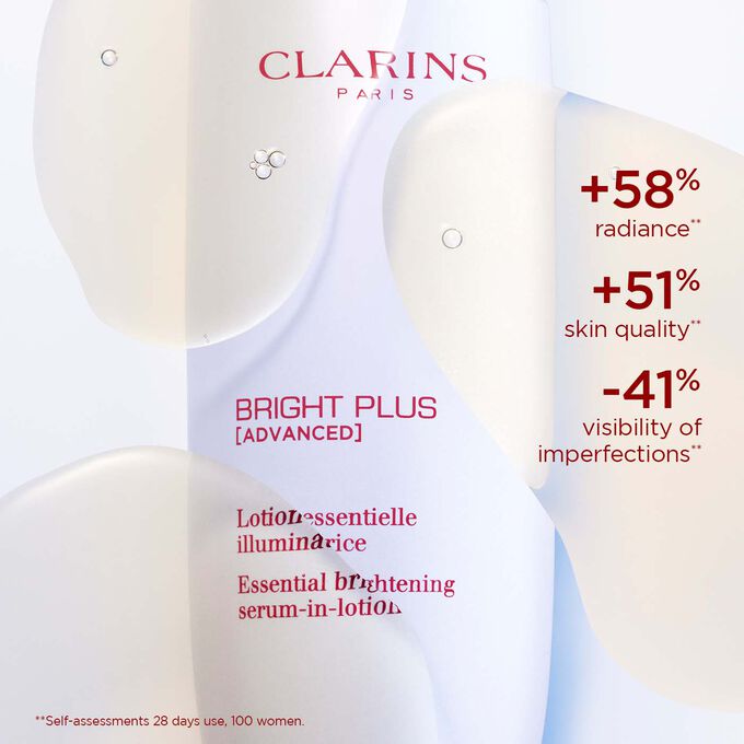 Close-up of Bright Plus Serum-in-Lotion with text highlighting its effects: enhancing radiance, improving skin quality, and reducing spots.