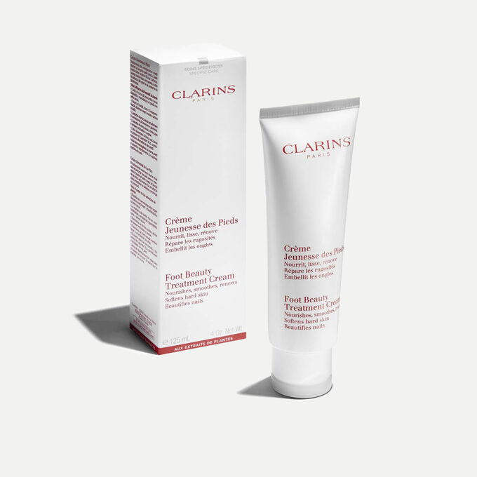 Tube of Clarins Foot Beauty Treatment Cream next to its packaging to illustrate the recyclable origin of the packaging.