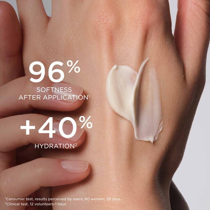 Focus on woman&rsquo;s hand applying Love Collection hand cream, highlighting softness after application and hydration improvement effects