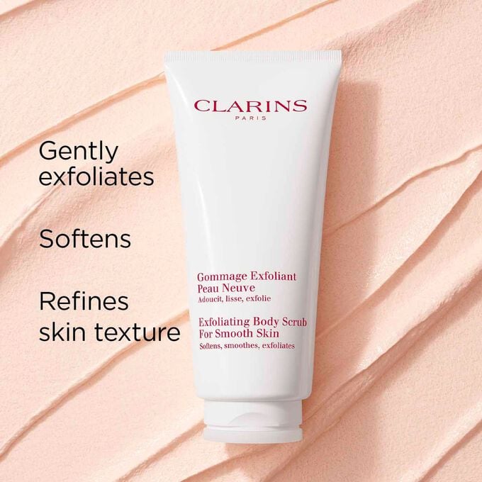 Packshot of Clarins Exfoliating Body Scrub on a textured background, illustrating its gentle exfoliating and softening effects.