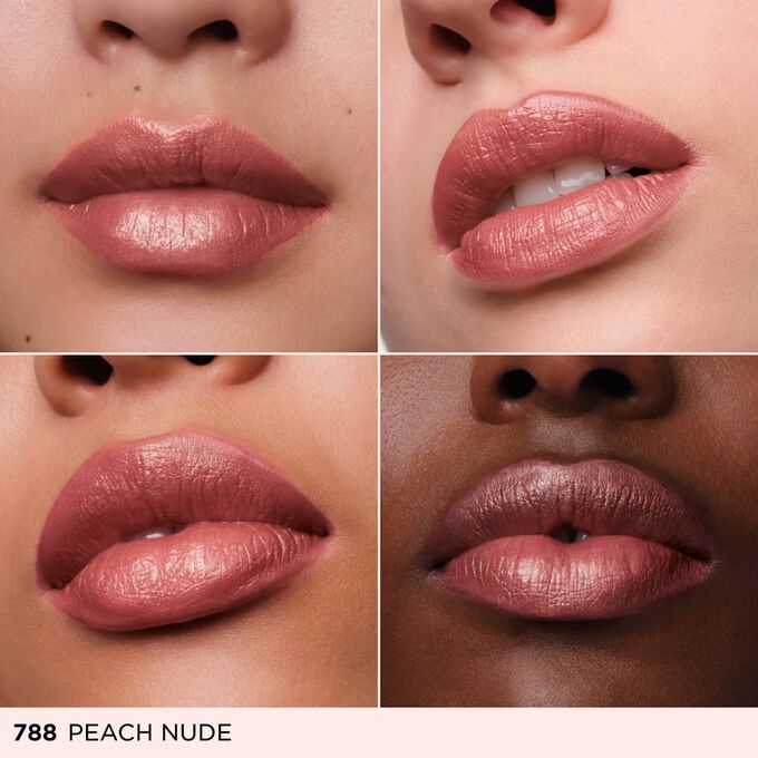 Four close ups of diverse women lips wearing a rosy pink cream lipstick to showcase inclusive color representation.
