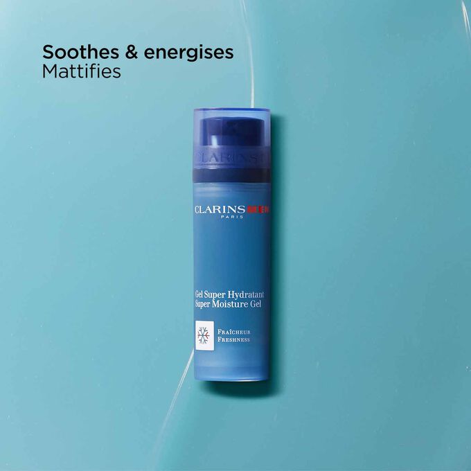 Packshot of Clarins Men Super Moisture Gel with text highlighting its nourishing, energising, and mattifying fects.