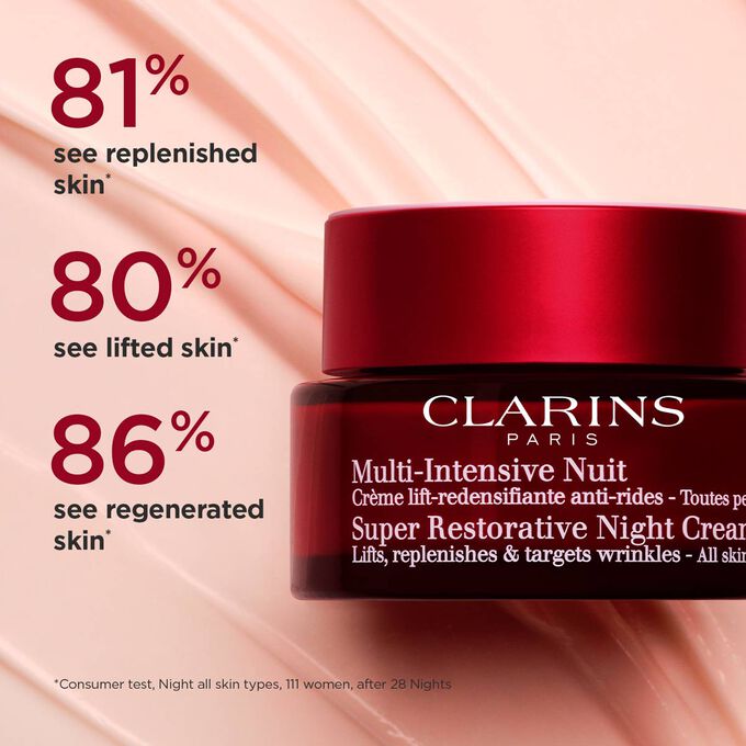 Packshot of Clarins’ Retinol-like Night Cream on textured background, highlighting its lifted and replenished skin effects