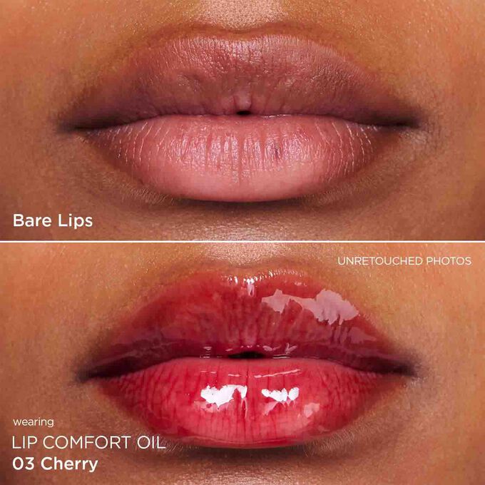 Before and after close-up of a woman’s lips, showing the results after applying the dark red lip oil