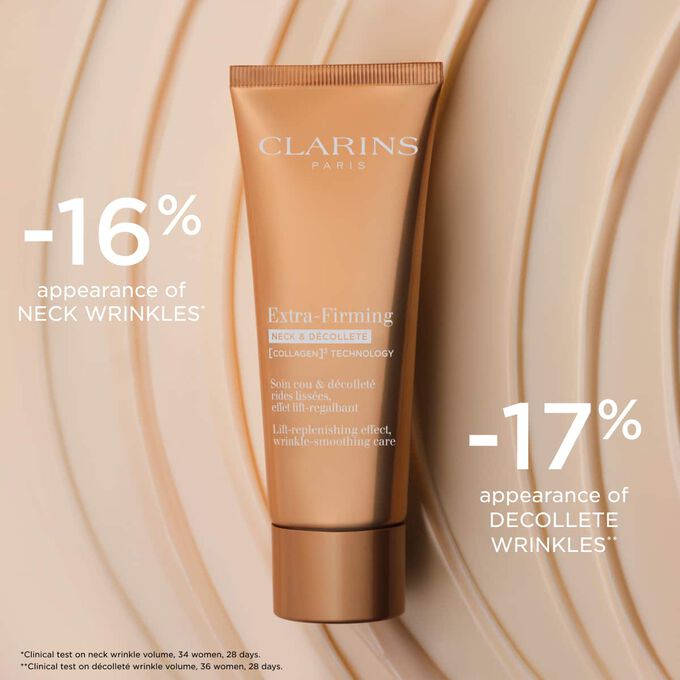 Packshot of Firming Neck & D&eacute;collet&eacute; Care on textured background, highlighting its wrinkle-reducing effect on the neck area.