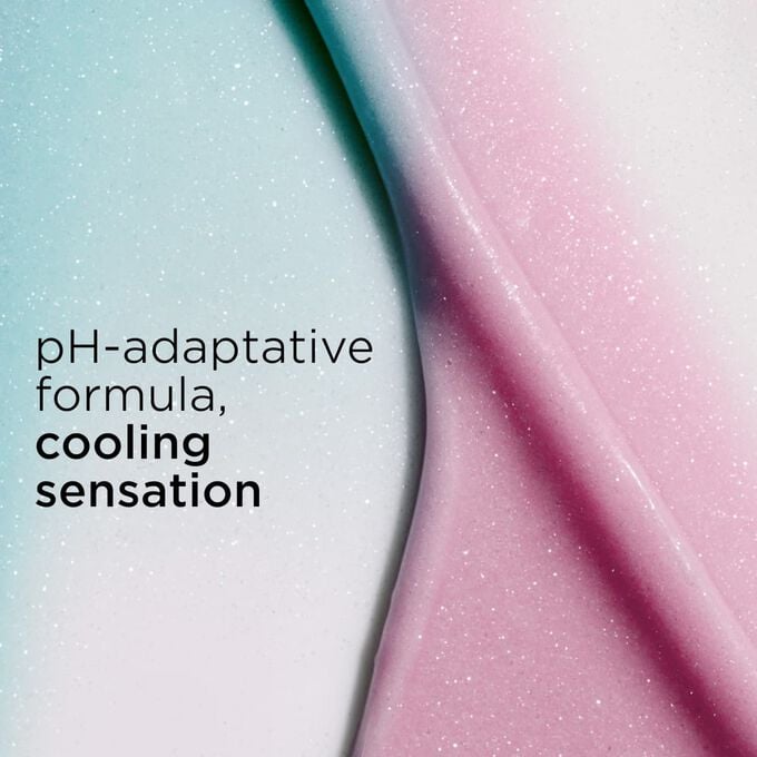 Textured background featuring pink and blue lip balms, illustrating pH-adaptative oil-in-balm with a cooling sensation