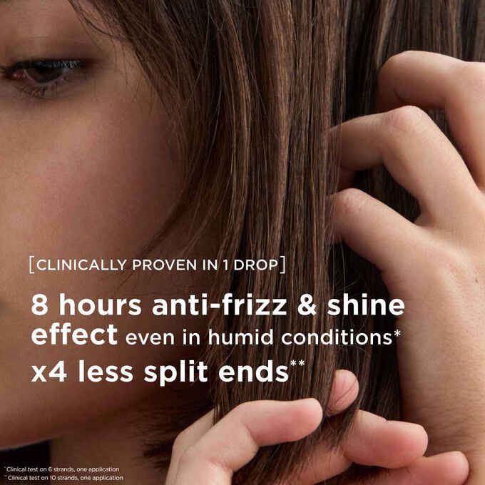 Anti-frizz hair oil treatment for eight hours of shine and four times less split ends, even in humid conditions.
