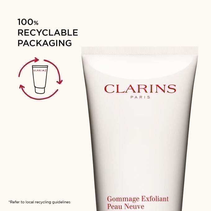 Close-up of the top of the Clarins Exfoliating Body Scrub to highlight that its pacakging is 100 recyclable