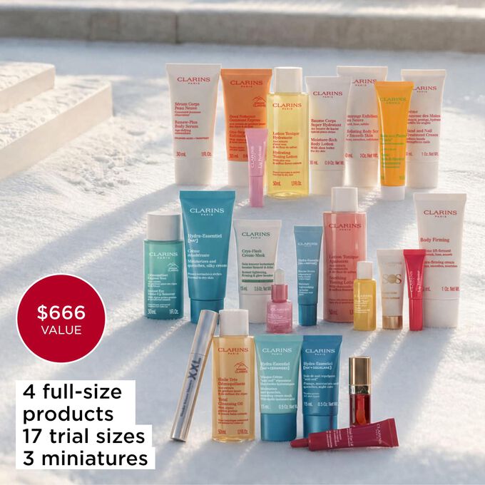 Clarins beauty advent calendar with 4 full size products 17 trial sizes and 3 miniatures worth 349 euros in total.