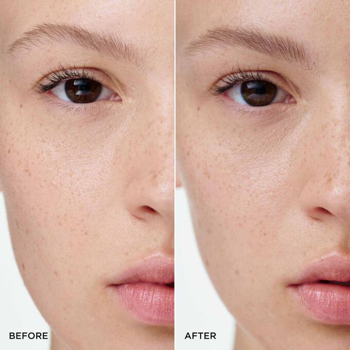 Before and after of a woman&rsquo;s brows using Clarins Light Brown Tinted Brow Gel, showing fuller, more defined, natural results.