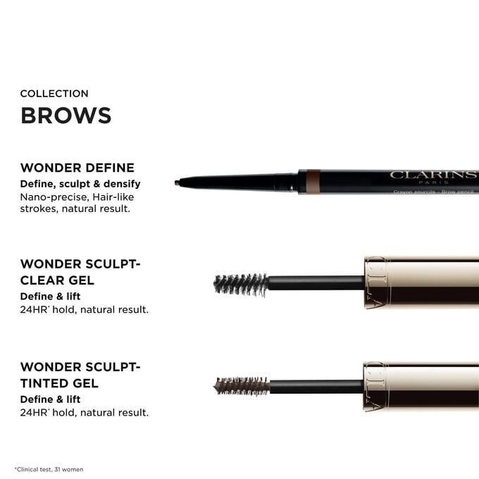Clarins Brow Defining Routine with must-haves: Wonder Define, Sculpt-Clear Gel, and Sculpt-Tinted Gel for natural lift and 24h hold.