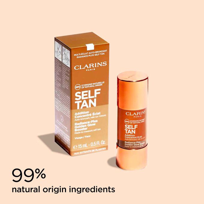 Photoshoot of Clarins Radiance-Plus Golden Glow Booster and its packaging to illustrate the natural origin of the ingredients