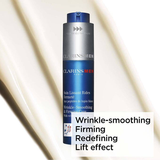 Packshot of the wrinkle smoothing and firming men's concentrate on a textured background to highlight its firming and lifting effects.