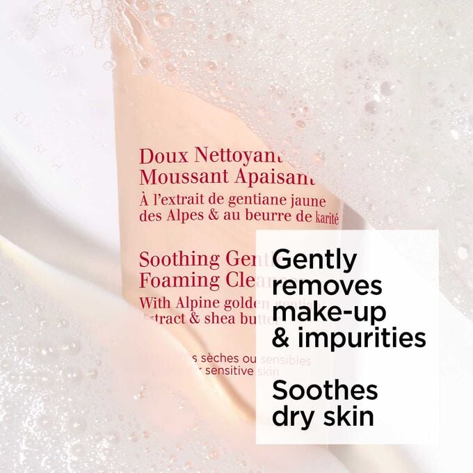 Packshot of the light pink tube of Clarins facial foaming cleanser under foam with text about its depolluting effects