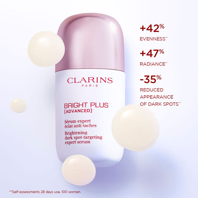 Close-up of Bright Plus Expert Serum with text highlighting its effects: enhancing radiance and reducing dark spots.