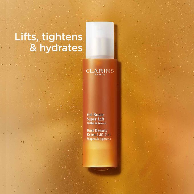 Packshot of Clarins Bust Beauty Extra-lift Gel with text emphasising the tightening and hydrating action of the product.