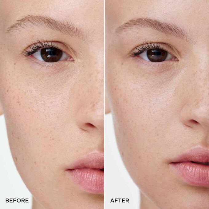 Before and after of a woman&rsquo;s brows using Clarins 2-in-1 Light Brown Brow Pencil, showing fuller, structured, natural brows.