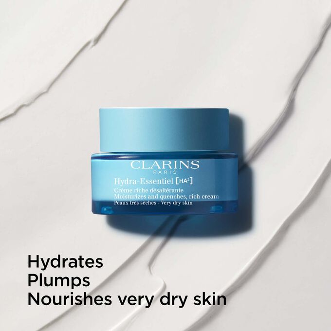 Image of Clarins Hydra-Essentiel Rich Cream, with hyaluronic acid for very dry skin, providing plumpness and nourishment.