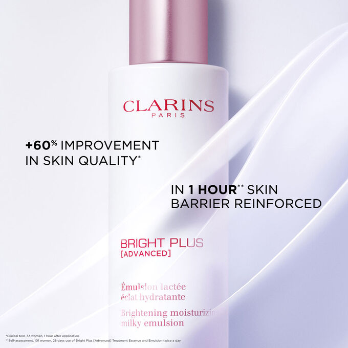 Focus on Clarins Bright Plus Emulsion, highlighting its effect on skin quality improvement and reinforced skin barrier.