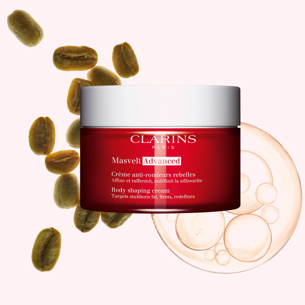 Clarins Masvelt shaping body cream with plant extracts to visibly firm and sculpt your body for a smoother skin texture.