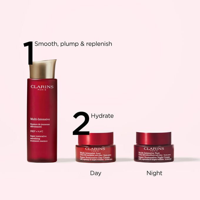 Packshot of Clarins Super Restorative skincare range that make up the perfect anti-aging routine for all skin types.