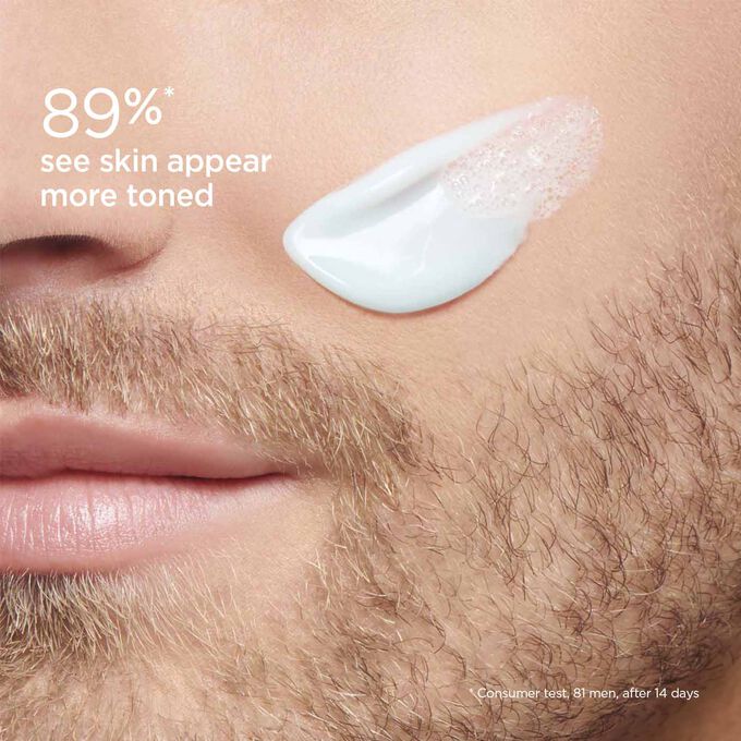 Focus on a man's cheek to illustrate that 88% of face cleanser users found their skin cleaner and more toned.
