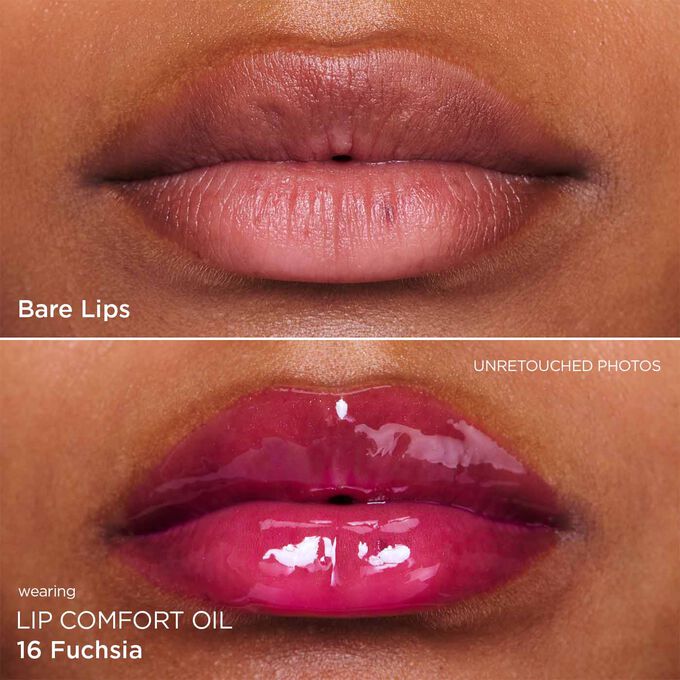 Before and after close-up of a woman’s lips, showing the results after applying the fushia lip oil