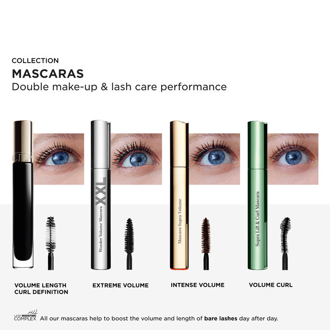 Clarins Mascara Collection showcasing volume, length, curl, and definition with lash-boosting complex for care and extreme performance.