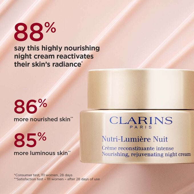 Visual with packshot and texture in the background, highlighting nourished, radiant and luminous skin from Nutri-Lumière Night use